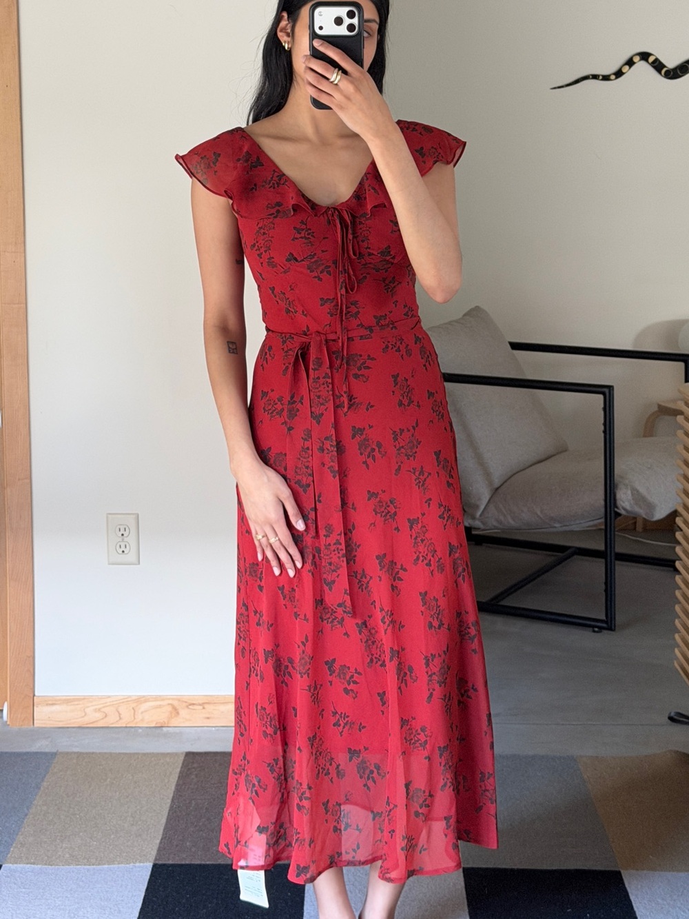 NWT Red Floral Tie-Waist Long Dress